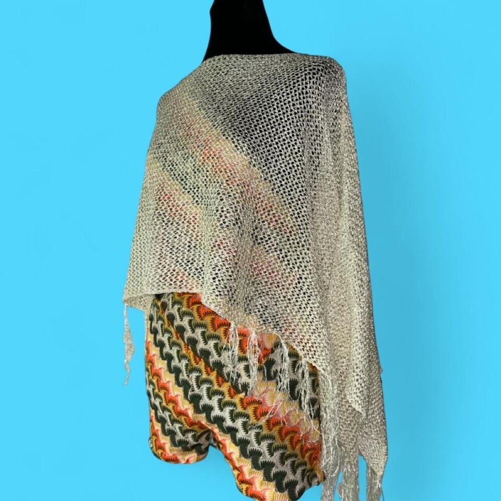 Boho Fairy Cream Metallic Crochet Fringe Poncho Open Knit Wrap